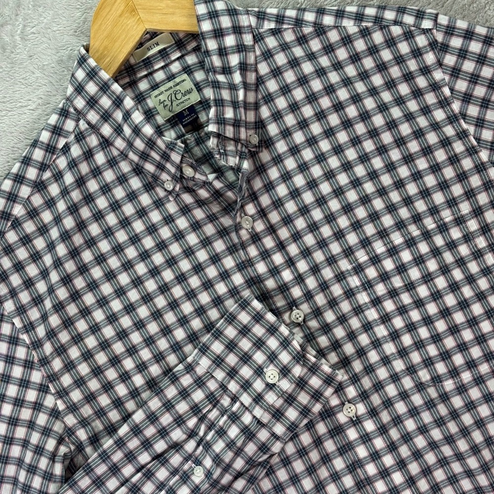 J.Crew Men's M‎ Slim Fit Secret Wash Stretch Shirt Navy Red Plaid Long Sleeve